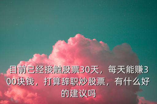 目前已經(jīng)接觸股票30天，每天能賺300塊錢，打算辭職炒股票，有什么好的建議嗎