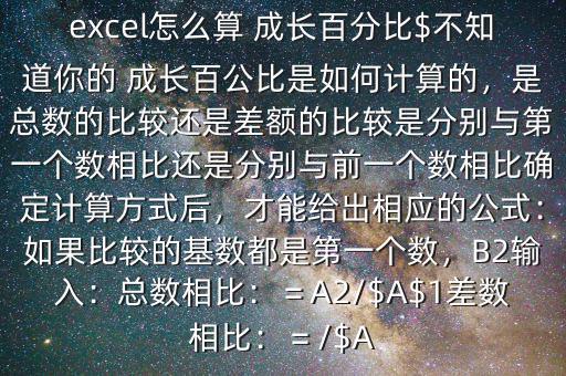 excel怎么算 成長百分比$不知道你的 成長百公比是如何計(jì)算的，是總數(shù)的比較還是差額的比較是分別與第一個(gè)數(shù)相比還是分別與前一個(gè)數(shù)相比確定計(jì)算方式后，才能給出相應(yīng)的公式：如果比較的基數(shù)都是第一個(gè)數(shù)，B2輸入：總數(shù)相比：＝A2/$A$1差數(shù)相比：＝/$A