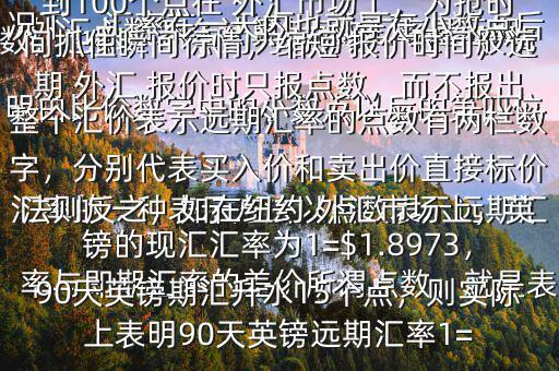  外匯點數(shù)怎么計算$點數(shù)匯率是遠期匯率的一種表示方法以點數(shù)表示遠期匯率與即期匯率的差價所謂點數(shù)，就是表明由比價數(shù)字中的小數(shù)點以后的第四位數(shù)，也即一個點約為萬分之一在一般情況下，匯率在一天內(nèi)也就是在小數(shù)點后的三位數(shù)變動，也即變動幾十個點，不到100個點在 外匯市場上，為搶時間抓住瞬間行情，縮短 報價時間，遠期 外匯 報價時只報點數(shù)，而不報出整個匯價表示遠期匯率的點數(shù)有兩欄數(shù)字，分別代表買入價和賣出價直接標價法則反之，如在紐約 外匯市場上，英鎊的現(xiàn)匯匯率為1=$1.8973，90天英鎊期匯升水15個點，則實際上表明90天英鎊遠期匯率1=