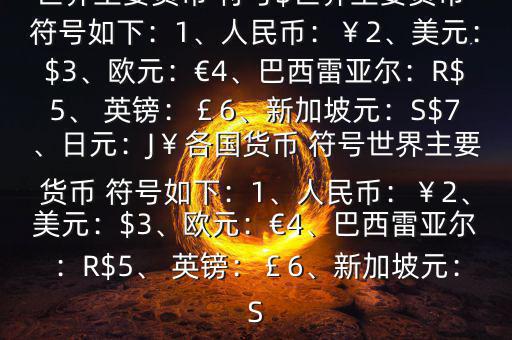 世界主要貨幣 符號$世界主要貨幣 符號如下：1、人民幣：￥2、美元：$3、歐元：€4、巴西雷亞爾：R$5、 英鎊：￡6、新加坡元：S$7、日元：J￥各國貨幣 符號世界主要貨幣 符號如下：1、人民幣：￥2、美元：$3、歐元：€4、巴西雷亞爾：R$5、 英鎊：￡6、新加坡元：S