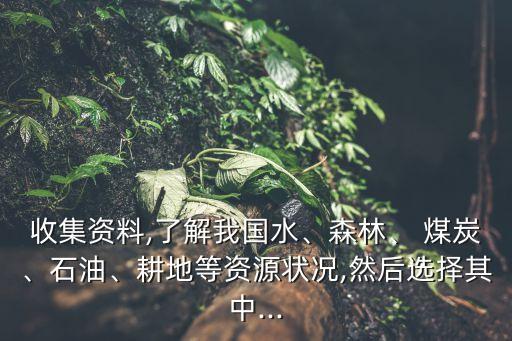 收集資料,了解我國(guó)水、森林、 煤炭、石油、耕地等資源狀況,然后選擇其中...